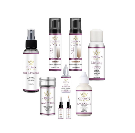 Lace Application set, pack of 7 products, Glue, Glue remover, Melting Spray, Wax Stick, Silkening Mist, Lace tint mousse, Lace tint pen precision